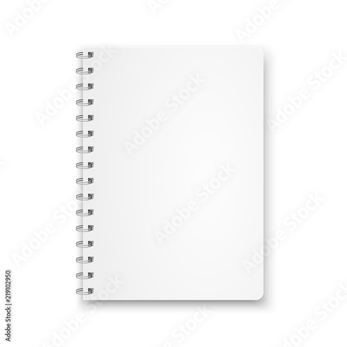 Mock up blank notebook with metal spiral template isolated on white background. Realistic vector illustration.