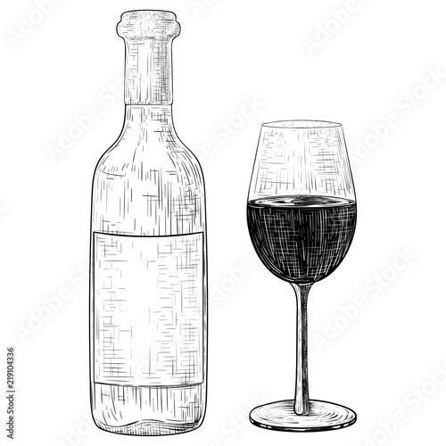 Wine bottle and a glass of wine. Hand drawn sketch in grunge style