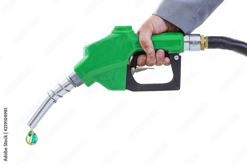 Eco fuel . Nozzle,energy concept, Drop of green fuel white background