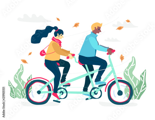 Cute happy couple riding in tandem bike recreation