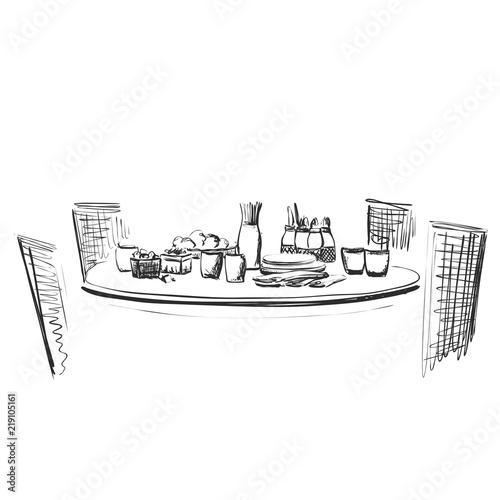 Hand Drawn wares. Dinner family. Food and drink