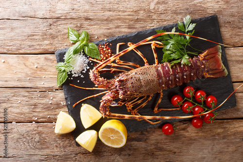 Gourmet food: raw spiny lobster or sea crawfish with ingredients for cooking close up on a table. Horizontal top view