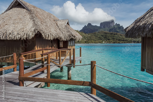 Over water bungalow and Mountain Otemanu behind in Bora Bora  French Polynesia