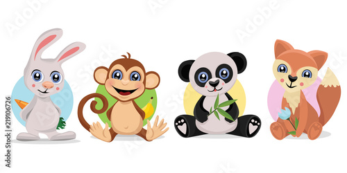  Set of cute animals. Bunny, monkey panda and fox. Vector illustration.