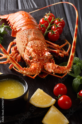 Delicious food: boiled spiny or rocky lobster with tomato, lemon and melted butter close-up on a black board. Vertical