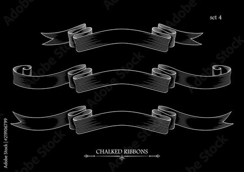 Set of vintage ribbons. Chalk drawing. Retro hand drawn labels, banners and logo elements. Vector illustration.