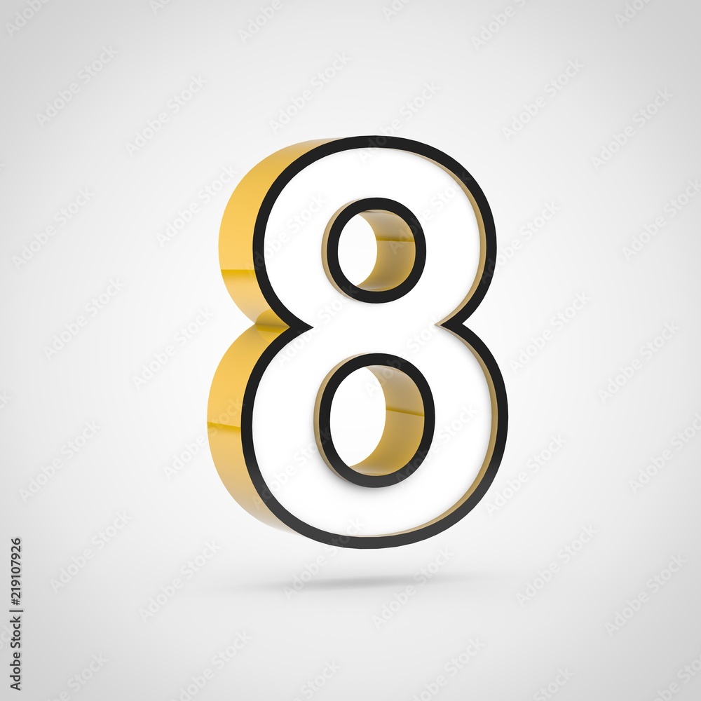 Golden number 8 with white face and black outline isolated on white background. Golden number 8 with white face and black outline isolated on white background.