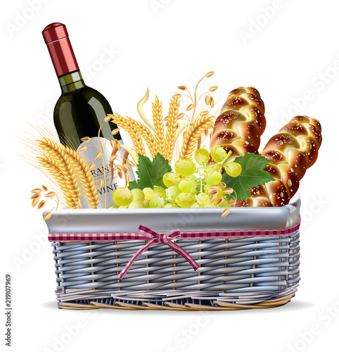 Basket with wine bottle, grapes and bread Vector realistic detailed design illustrations