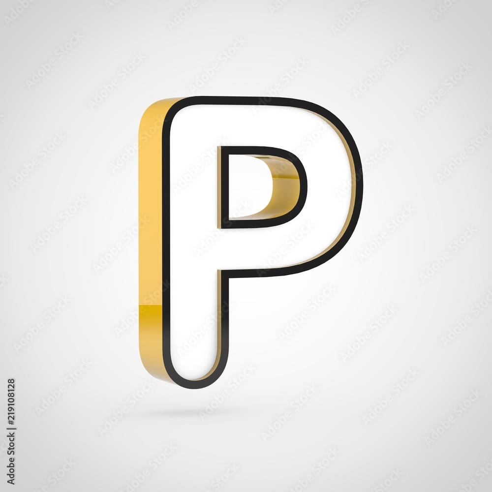 Golden letter P uppercase with white face and black outline isolated on white background.
