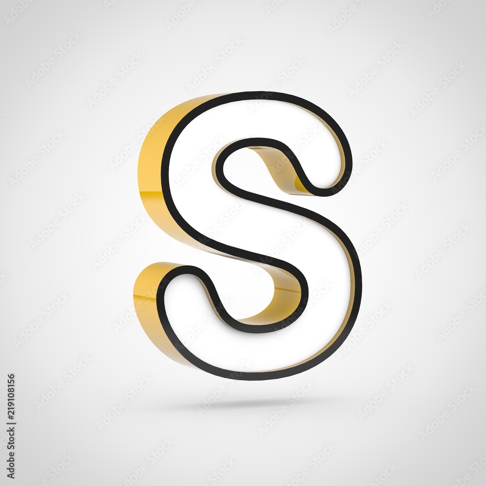 Golden letter S uppercase with white face and black outline isolated on white background. Golden letter S uppercase with white face and black outline isolated on white background.