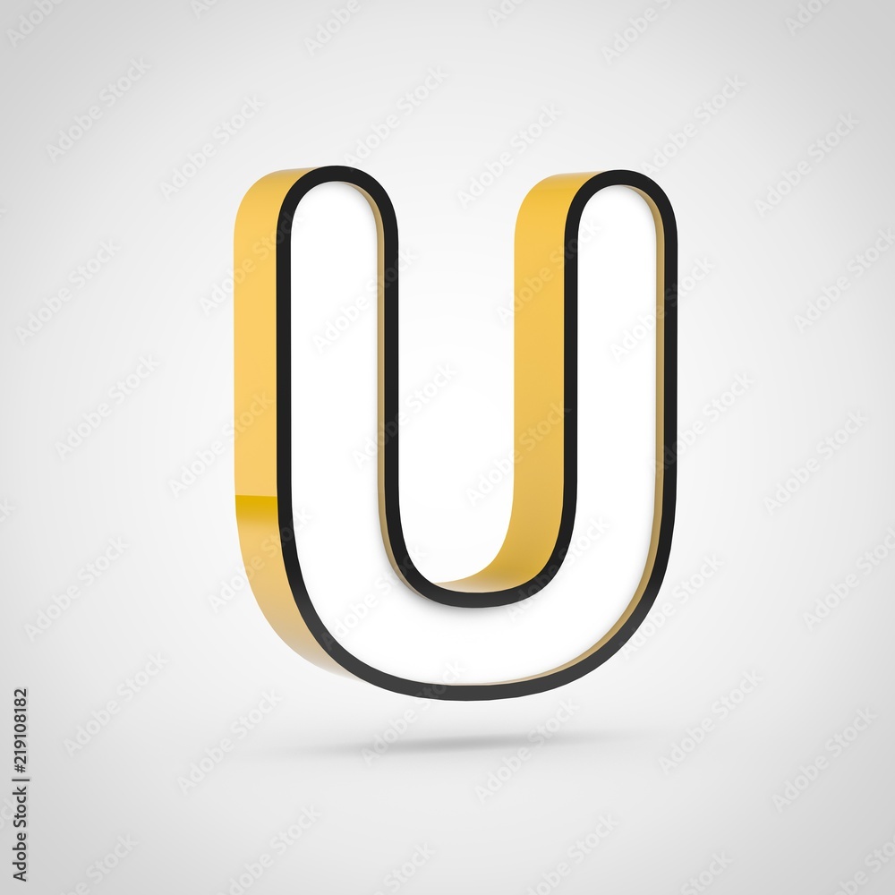 Golden letter U uppercase with white face and black outline isolated on white background. Golden letter U uppercase with white face and black outline isolated on white background.