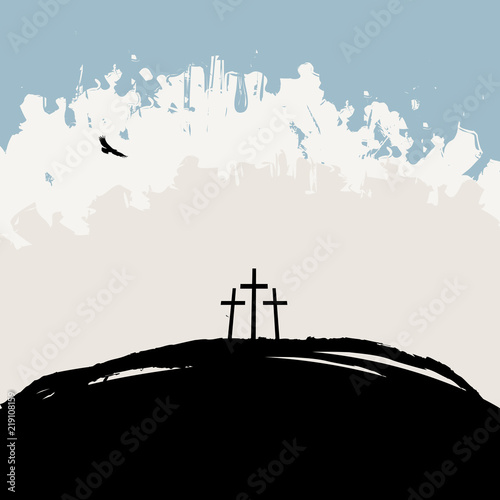 Canvas Print Vector illustration on Christian theme with three crosses on Mount Calvary on ab