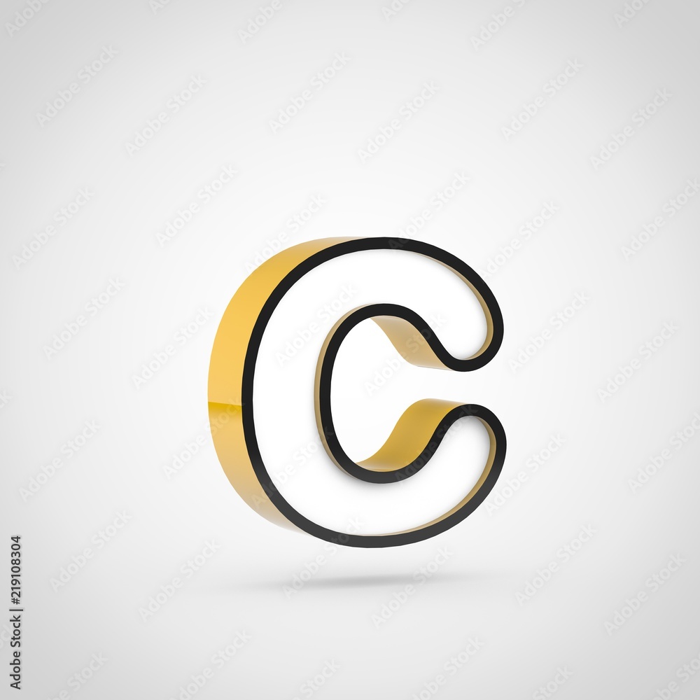 Golden letter C lowercase with white face and black outline isolated on white background. Golden letter C lowercase with white face and black outline isolated on white background.