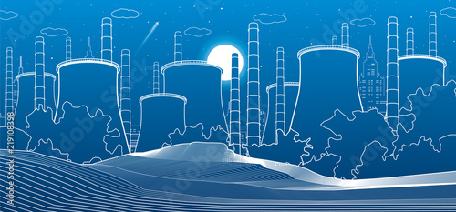 Industry illustration. Factory thermal power plant. Urban scene. Pipes and smoke. White lines on blue background. Vector design art