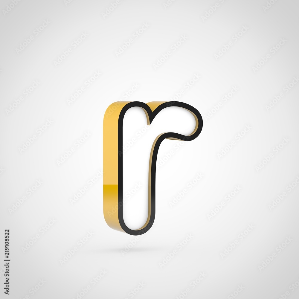 Golden letter R lowercase with white face and black outline isolated on