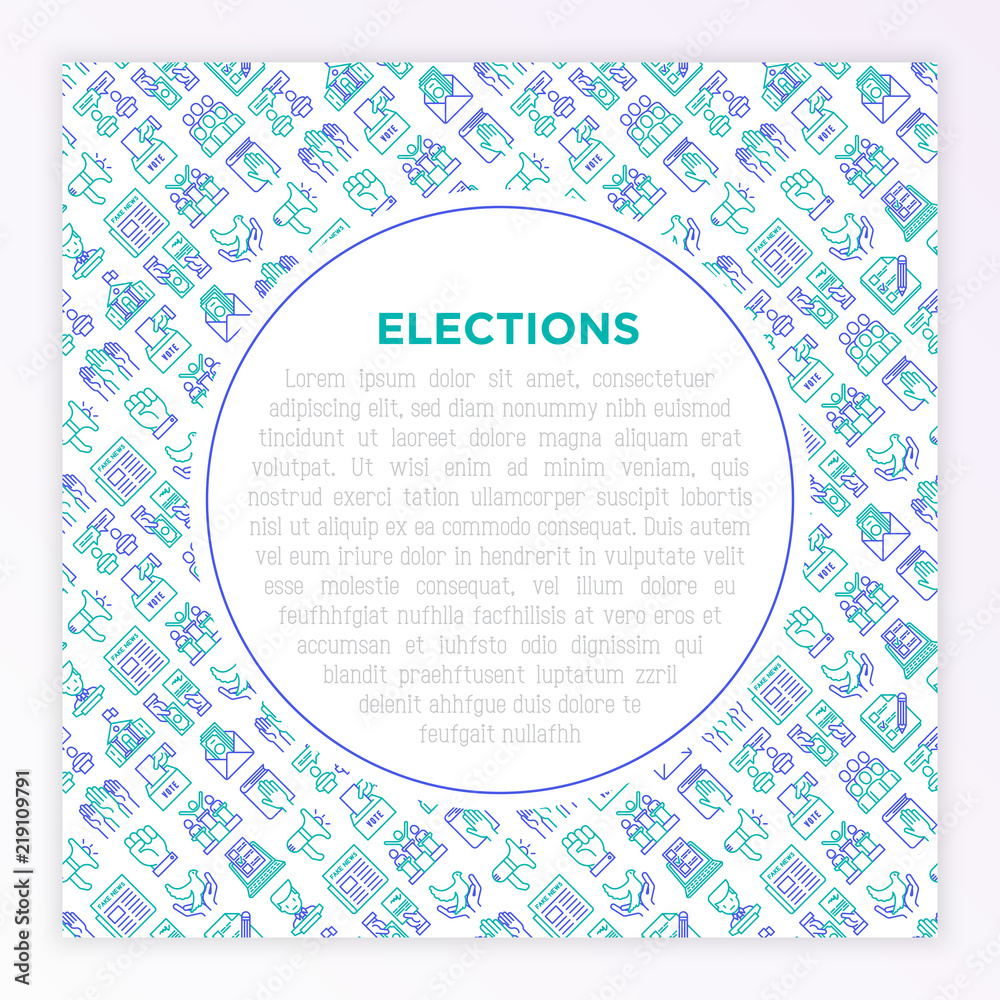 Election and voting concept with thin line icons: voters, ballot box, inauguration, corruption, debate, president, political victory, bribe, agitation. Modern vector illustration, print media template Election and voting concept with thin line icons: voters, ballot box, inauguration, corruption, debate, president, political victory, bribe, agitation. Modern vector illustration, print media template