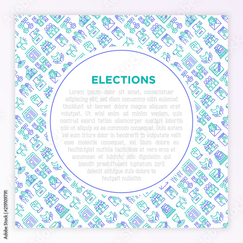 Election and voting concept with thin line icons: voters, ballot box, inauguration, corruption, debate, president, political victory, bribe, agitation. Modern vector illustration, print media template