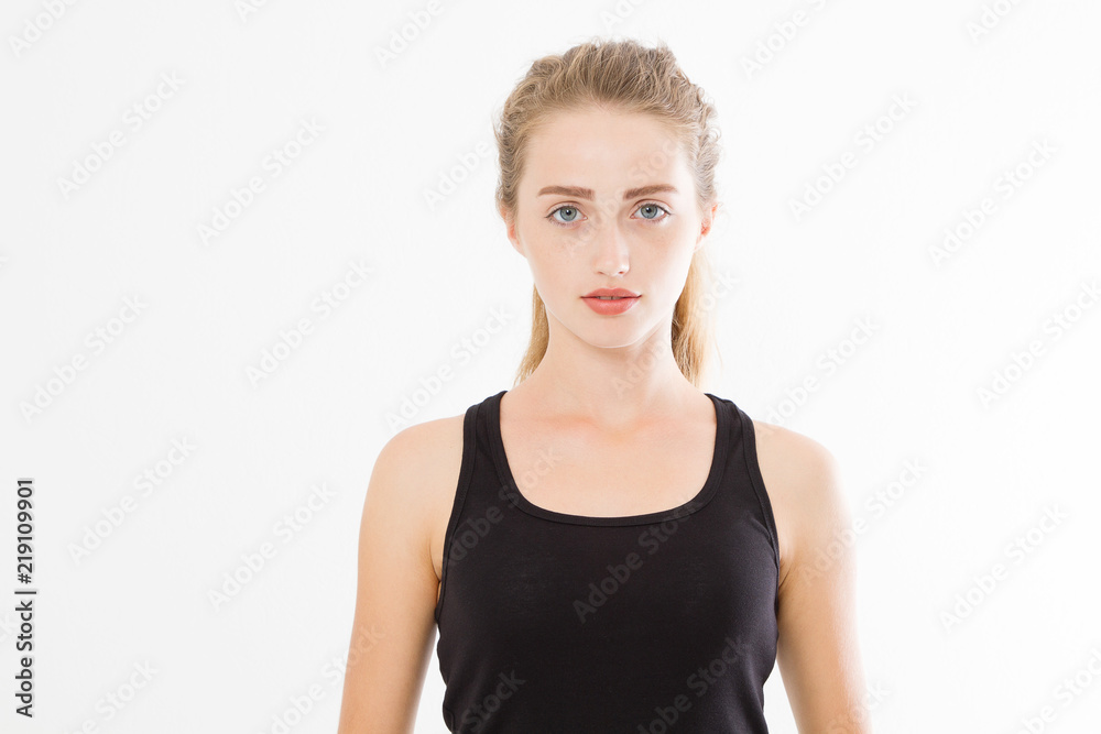 Beautiful caucasian woman in blank t shirt isolated on white background. Perfect Skin care and young female face. Copy space Beautiful caucasian woman in blank t shirt isolated on white background. Perfect Skin care and young female face. Copy space