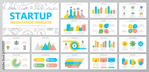 Set of startup and business elements for multipurpose presentation template slides with graphs and charts. Leaflet, corporate report, marketing, advertising, book cover design.