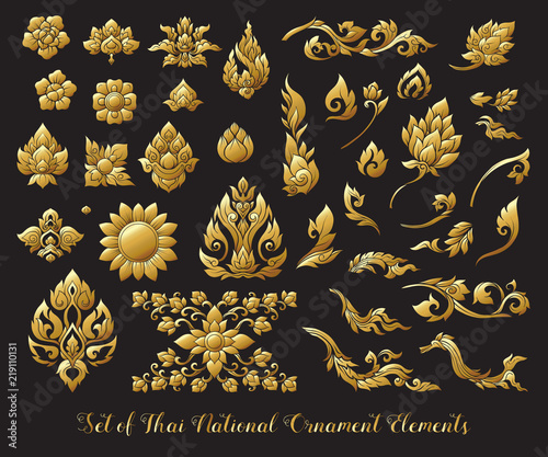 Set of gold elements of traditional Thai ornament. Stock illustr photo