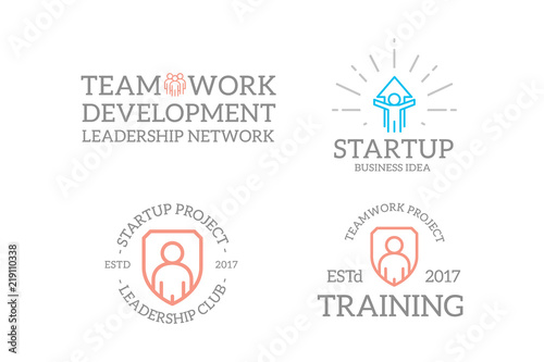 Set of retro vintage human resources, customer support, company security, success logo or insignia, emblems, labels and badges and other branding objects. Vector line style