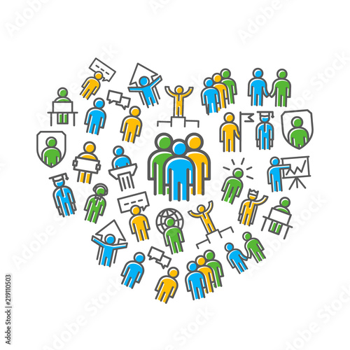Vector human resources and business organization management thin line icons in heart shape design concept. Illustration for presentations on white background