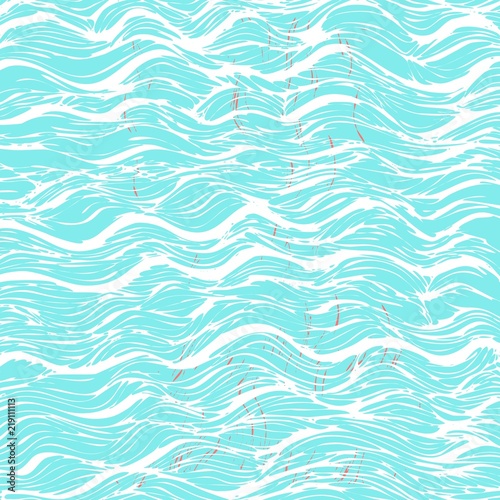 Vector background with waves and small red fish.