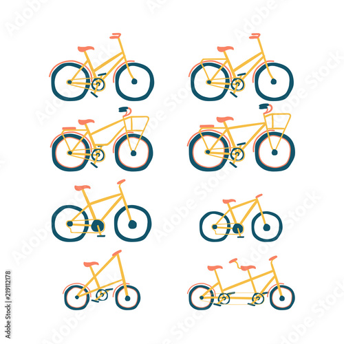 Set of hand drawn bicycles modern on white background. Different types: city, fix, highway, cruiser, sport, mountain bike. Vector illustration.