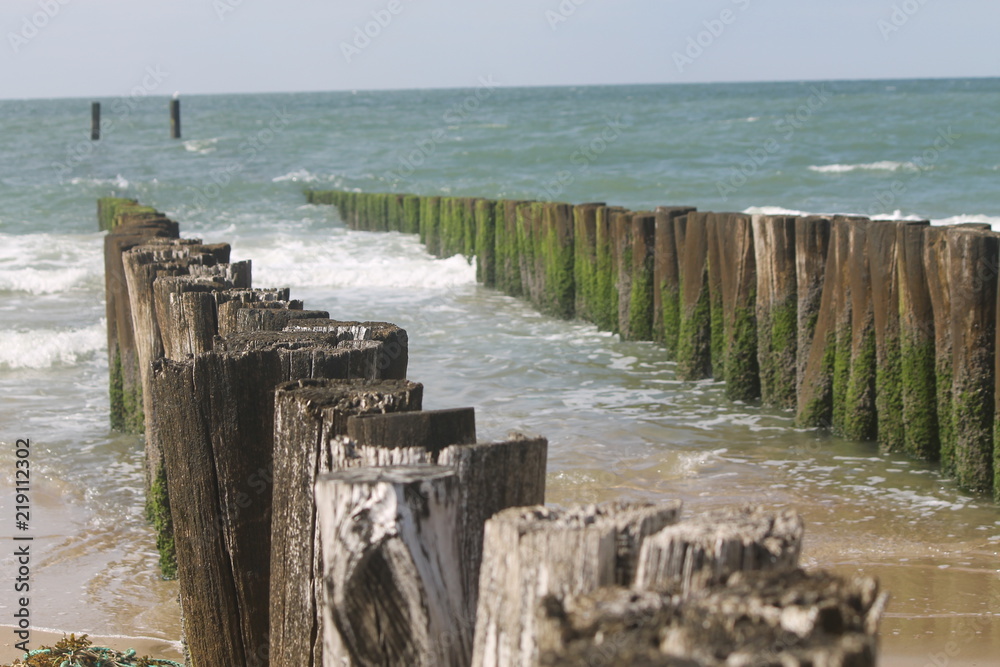 Fototapeta premium Nordsee Wasser Pfähle Buhne Wellenbrecher