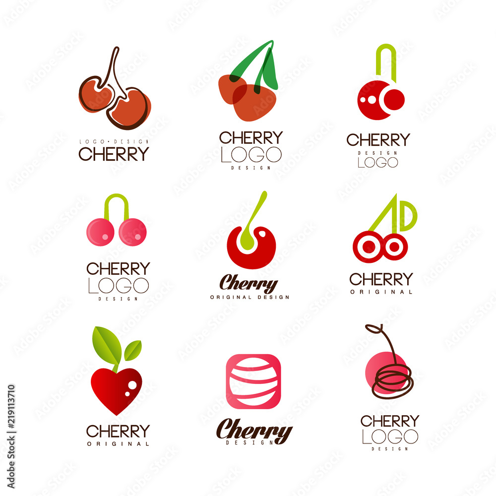 Cherry logo design set, creative templates can be used for cafe, bar, club, grocery store