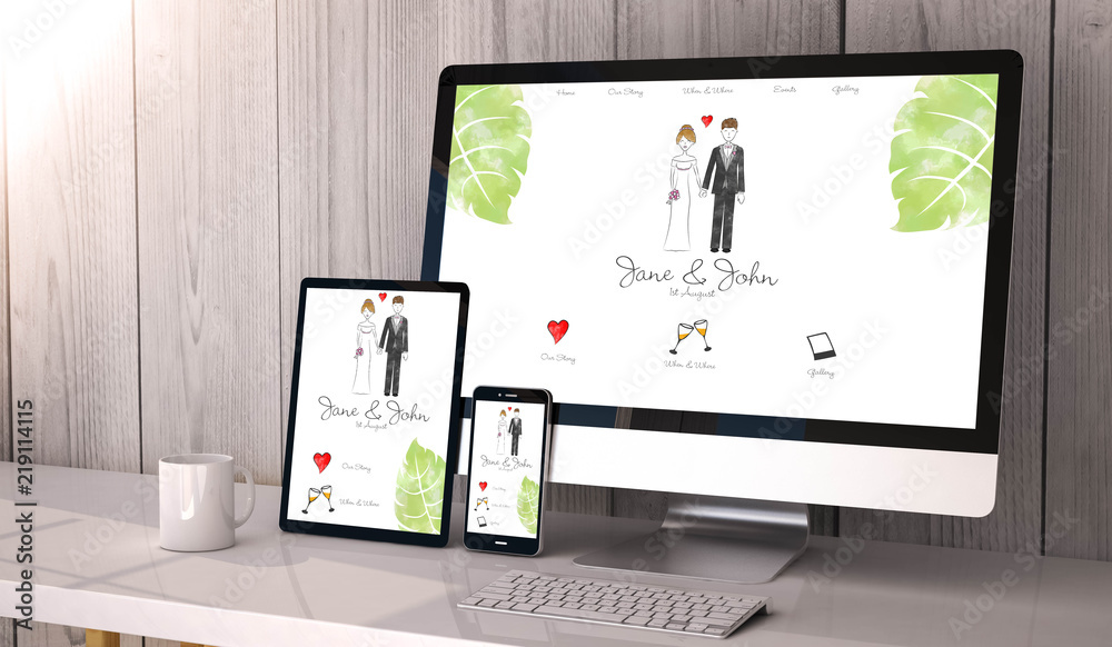 devices responsive on workspace wedding website design - obrazy, fototapety, plakaty 