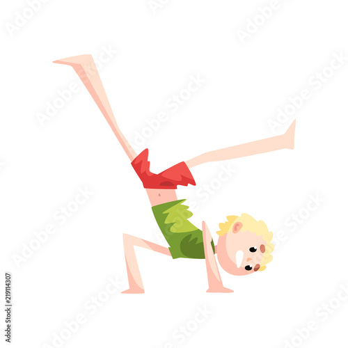 Boy standing upside down practicing capoeira movement, kid character doing combat element of martial art, capoeira dancer pose vector Illustration on a white background