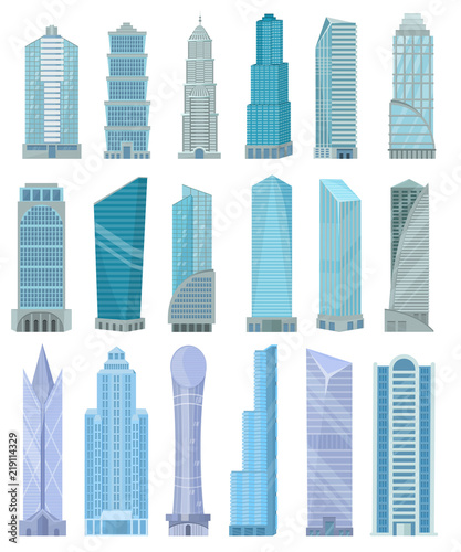 Building skyscraper in cityscape vector city skyline and business officebuilding of commercial company and build architecture to high sky set illustration isolated on white background