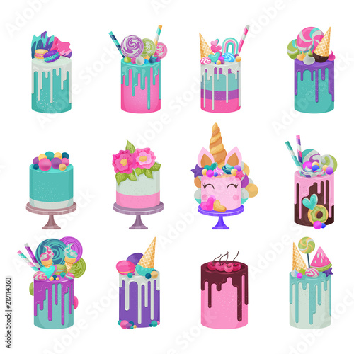 Birthday cake vector cheesecake cupcake for happy birth party sweet caked des...