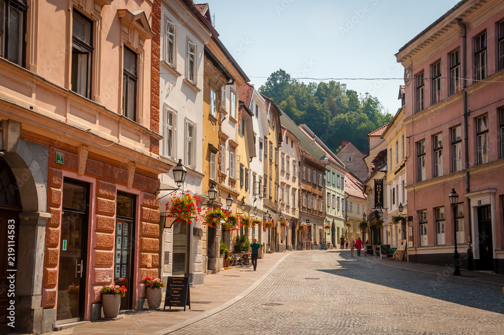 LJUBLJANA, SLOVENIA - AUGUST 7, 2018: Colorful old town street in Ljubljana, capital of Slovenia