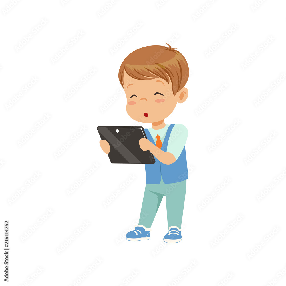 Cute little boy standing with a tablet pc vector Illustration on a white background Cute little boy standing with a tablet pc vector Illustration on a white background