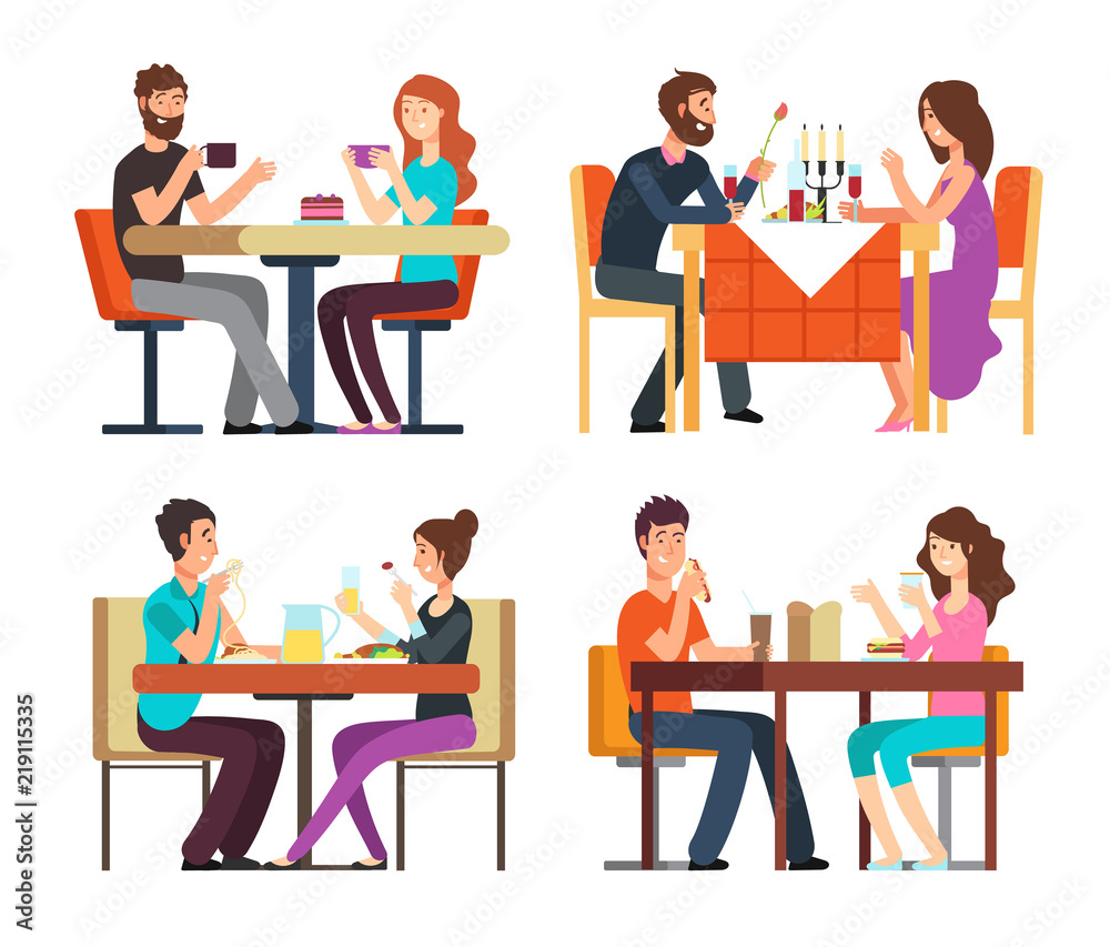 Couples table. Man, woman having coffee and dinner. Conversation between guys in restaurant. Vector cartoon characters in romantic date