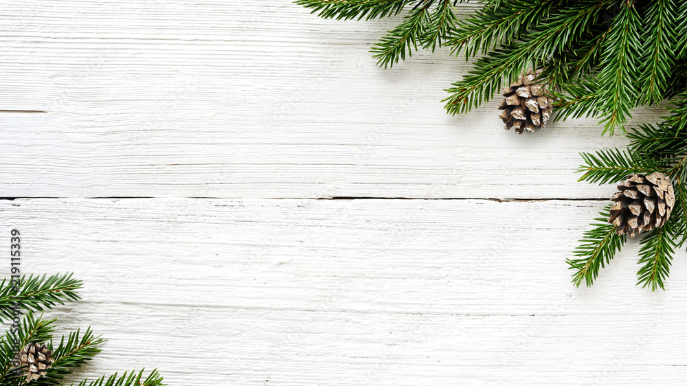 Christmas Fir tree branches and pine cones background - obrazy, fototapety, plakaty 