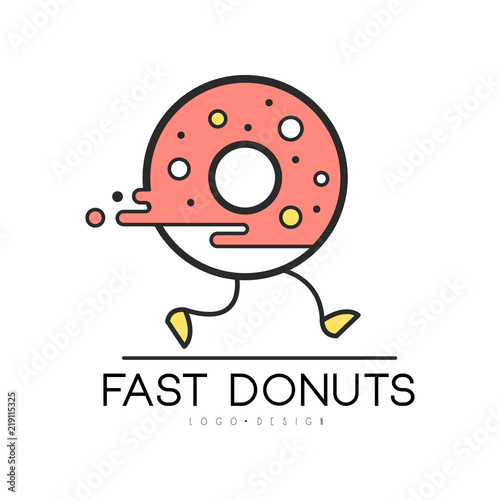 Fast donut logo design, food service delivery, creative template with running donut for corporate identity, fast food restaurant or cafe vector Illustration on a white background
