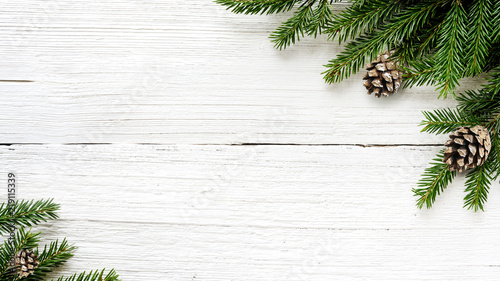 Christmas Fir tree branches and pine cones background