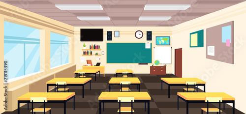 Cartoon empty classroom, high school room interior with desks and blackboard. Education vector concept