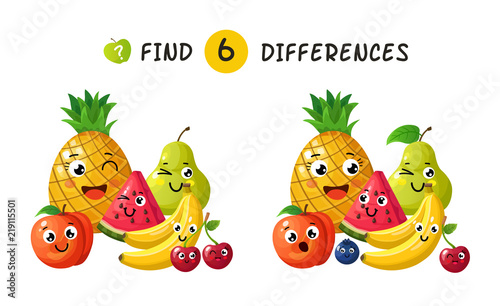 Finding differences. Children game with happy cartoon fruits. Vector illustration for kids book