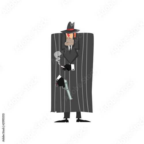 Gangster criminal character in black coat and fedora hat standing with gun and smoking vector Illustration on a white background