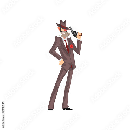 Gangster criminal character in a suit and fedora hat with gun vector Illustration on a white background