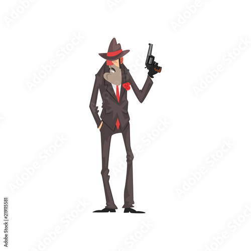 Gangster criminal character in a suit and fedora hat standing with gun vector Illustration on a white background