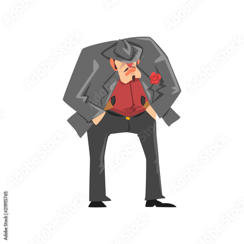 Brutal gangster criminal character in a suit and fedora hat vector Illustration on a white background