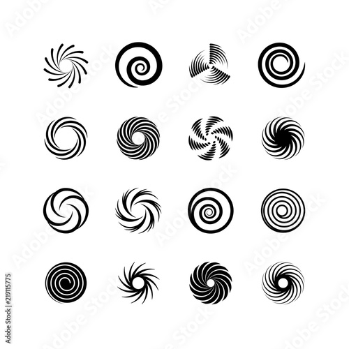 Spirals and swirls. Whirlpool and twirl. Abstract motion twisting circles isolated vector icons