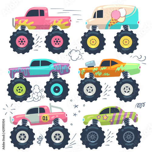 Monster trucks. Kids car toys. Cartoon vector set