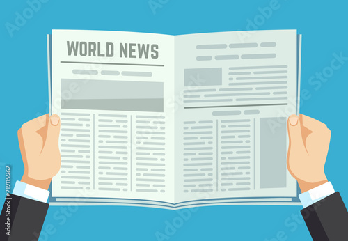 Newspaper in hands. Businessman holding financial gazette. Man reading news in magazine