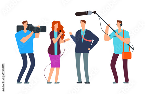 Journalists take interview. Broadcasting reportage with photographer and videographer. Broadcast vector concept